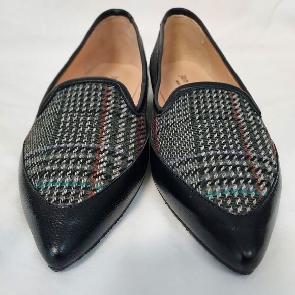 Jon Josef Made in Spain Black Leather Multi Plaid Pointed Toe Flats 8 - Picture 3 of 9